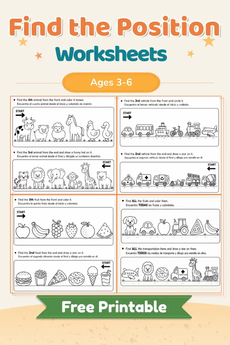 Find the Position Worksheets for Preschool (Ages 3–6) – Free Printable Spatial Reasoning Activities in English & Spanish 1 Bilingual Find the Position worksheets for preschool children ages 3–6 with counting and spatial reasoning activities
