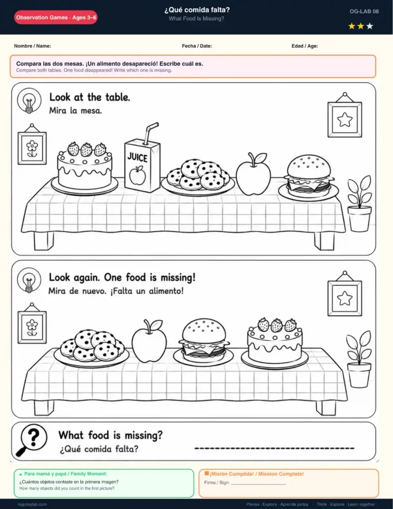 ¿Qué Objeto Falta? Juegos de Discriminación Visual para Niños (Gratis) 5 Ficha de lógica infantil para identificar qué comida o alimento falta en la mesa.