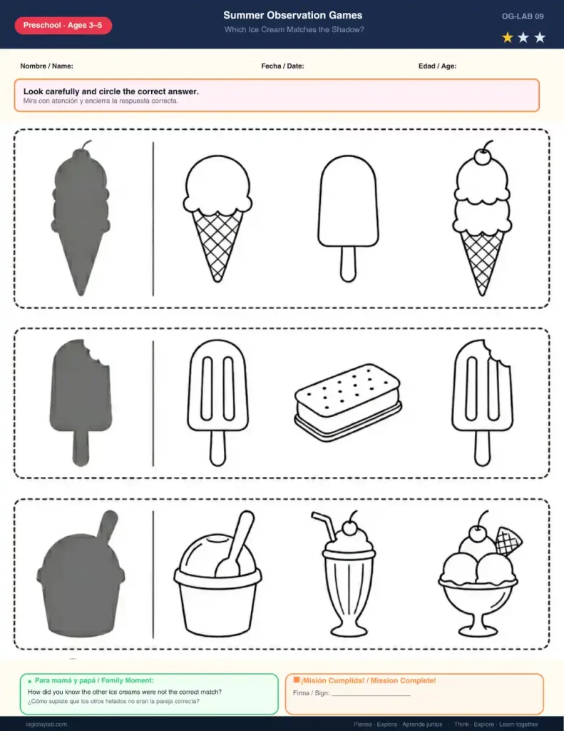 Juegos de Sombras de Verano para Preescolar (3–6 años) 2 Ficha educativa infantil en blanco y negro para emparejar sombras de helados, polos y copas de helado con sus siluetas correspondientes.