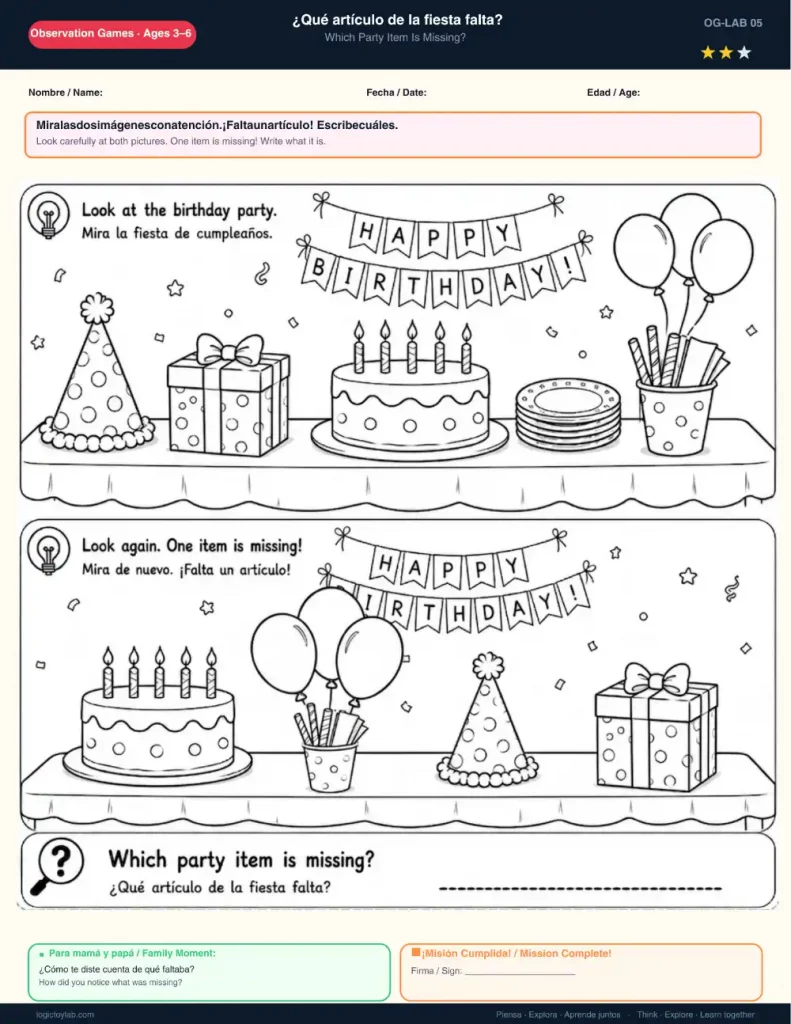 ¿Qué Objeto Falta? Juegos de Discriminación Visual para Niños (Gratis) 2 Ficha infantil para imprimir con juego de atención de qué objeto falta en la fiesta de cumpleaños.