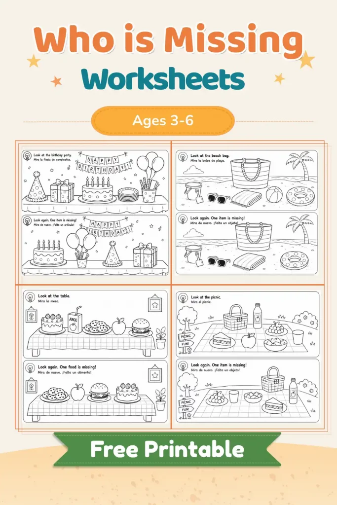 ¿Qué Objeto Falta? Juegos de Discriminación Visual para Niños (Gratis) 1 Colección de 4 fichas infantiles de juegos de qué falta para imprimir con temas de fiesta, picnic, playa y comida.