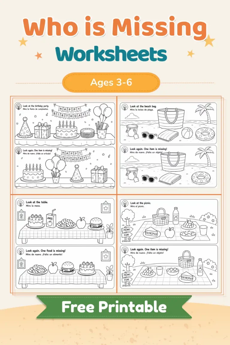 Free Observation Games Printables for Kindergarten & Preschool (Ages 3–6) 2 Colección de 4 fichas infantiles de juegos de qué falta para imprimir con temas de fiesta, picnic, playa y comida.
