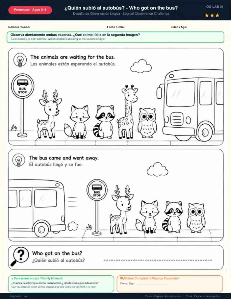 ¿Quién Falta? Juegos de Observación y Memoria para Niños (Imprimible Gratis) 2 Ficha de lógica para niños que muestra animales en una parada de autobús para encontrar quién falta.