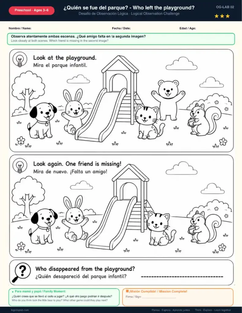 ¿Quién Falta? Juegos de Observación y Memoria para Niños (Imprimible Gratis) 3 Escena de parque infantil con tobogán y animales para identificar qué personaje desapareció.