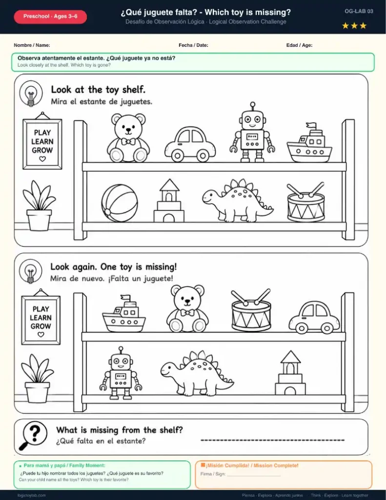 ¿Quién Falta? Juegos de Observación y Memoria para Niños (Imprimible Gratis) 4 Dos escenas de una estantería con juguetes para un desafío de memoria visual infantil.
