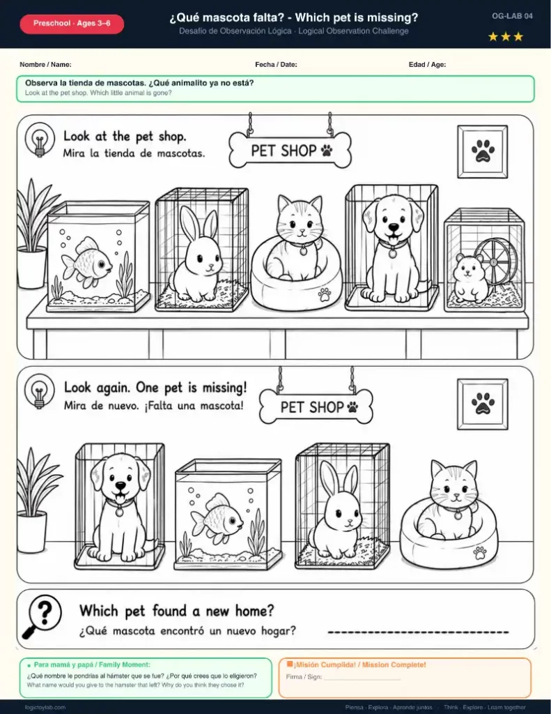 ¿Quién Falta? Juegos de Observación y Memoria para Niños (Imprimible Gratis) 5 Escena de tienda de mascotas con animales en jaulas para identificar cuál fue adoptado.
