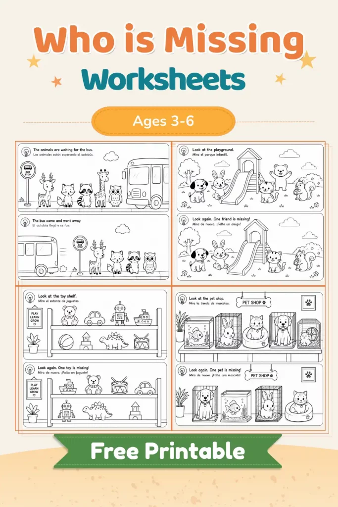 ¿Quién Falta? Juegos de Observación y Memoria para Niños (Imprimible Gratis) 1 Portada colorida de la colección de actividades “¿Quién Falta?” para niños de 3 a 6 años.