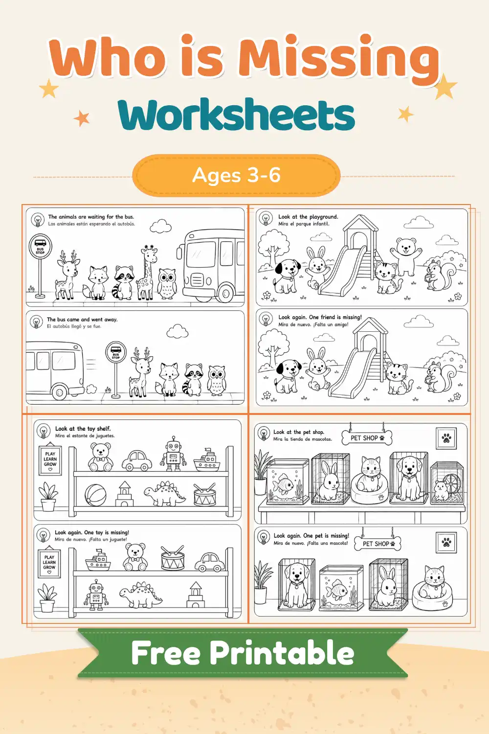 Portada colorida de la colección de actividades “¿Quién Falta?” para niños de 3 a 6 años.
