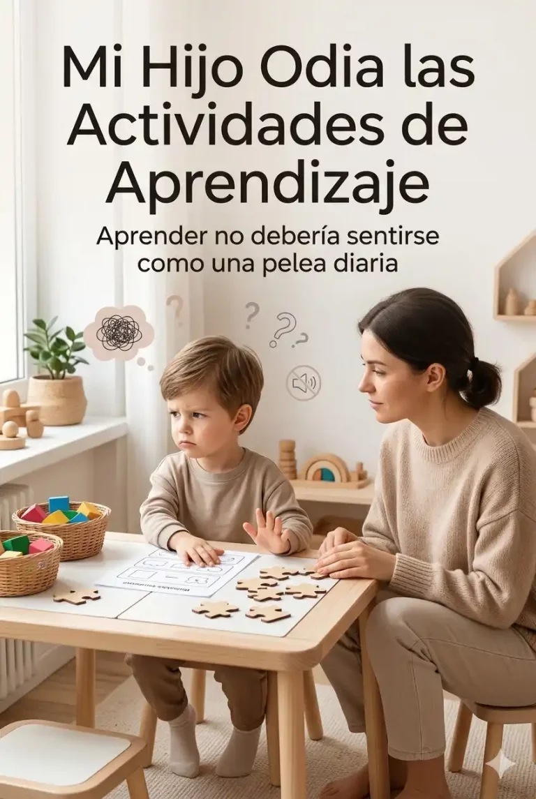 My Child Hates Learning Activities — Here's What Finally Worked 2 Niño pequeño mostrando frustración durante una actividad de aprendizaje mientras un adulto lo acompaña con calma en casa.