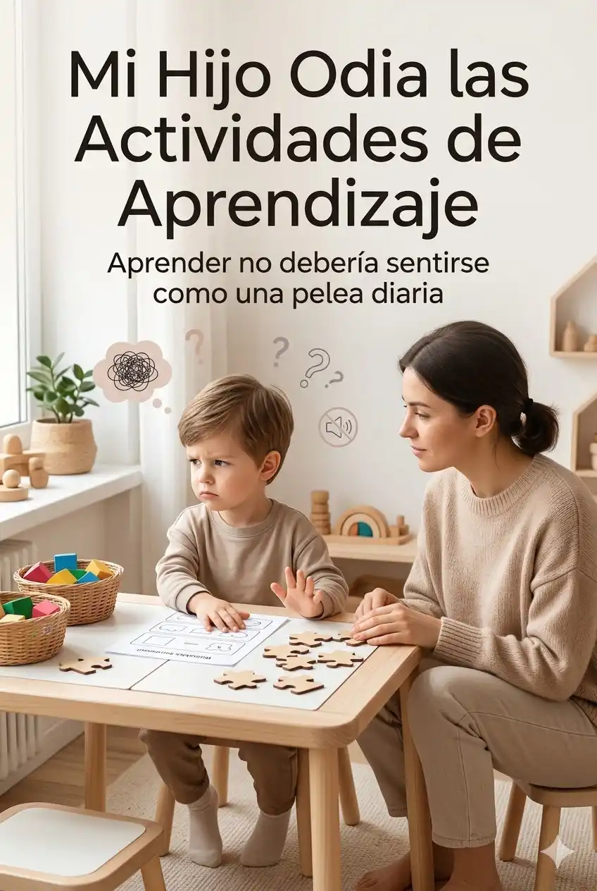 Niño pequeño mostrando frustración durante una actividad de aprendizaje mientras un adulto lo acompaña con calma en casa.