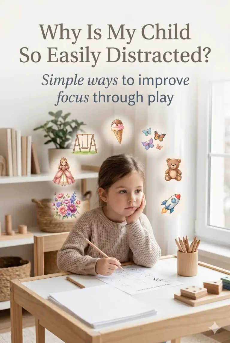 Why Is My Child So Easily Distracted? (What's Normal and What Actually Helps) 3 Niño pequeño distraído mientras intenta aprender, con actividades simples para mejorar la concentración y la atención en casa.