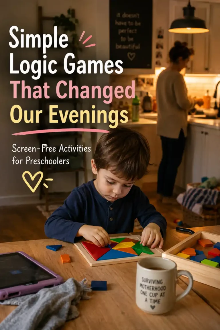 I'm Not a Montessori Mom — But These Simple Logic Games Changed Our Evenings 1 Preschool boy playing a colorful logic puzzle at the kitchen table while his mom cooks dinner in a cozy evening home setting