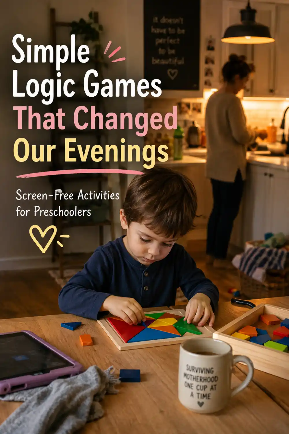 Preschool boy playing a colorful logic puzzle at the kitchen table while his mom cooks dinner in a cozy evening home setting