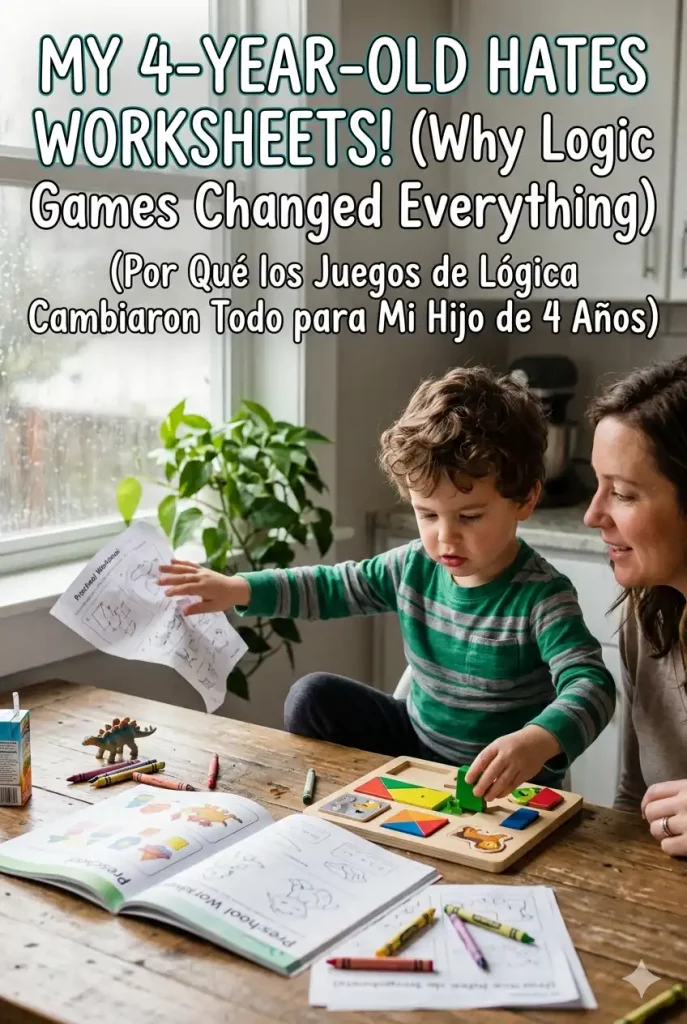 Why Some Preschoolers Hate Worksheets (And Respond Better to Logic Games) 1 A young child pushes away a structured worksheet and instead happily plays with a colorful wooden puzzle at a messy kitchen table, illustrating a alternative to strict preschool learning.