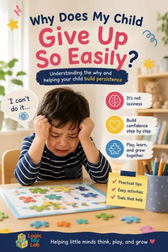 Young child feeling frustrated while doing a puzzle activity, educational parenting guide about why children give up easily and how to build persistence and confidence.