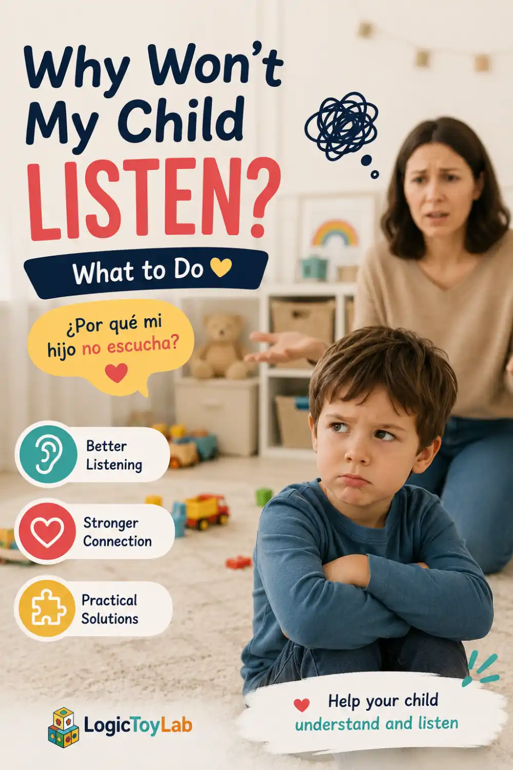 Frustrated preschool child ignoring instructions while a parent looks concerned at home. Parenting tips to help kids listen better and follow directions calmly.