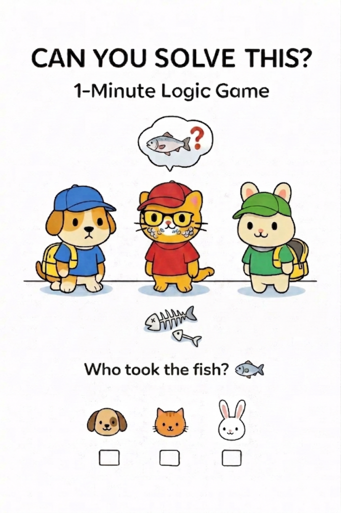 Acertijo visual infantil en la que aparece un gato con restos de espinas y burbujas en la boca para resolver la pregunta de quién se llevó el pez.