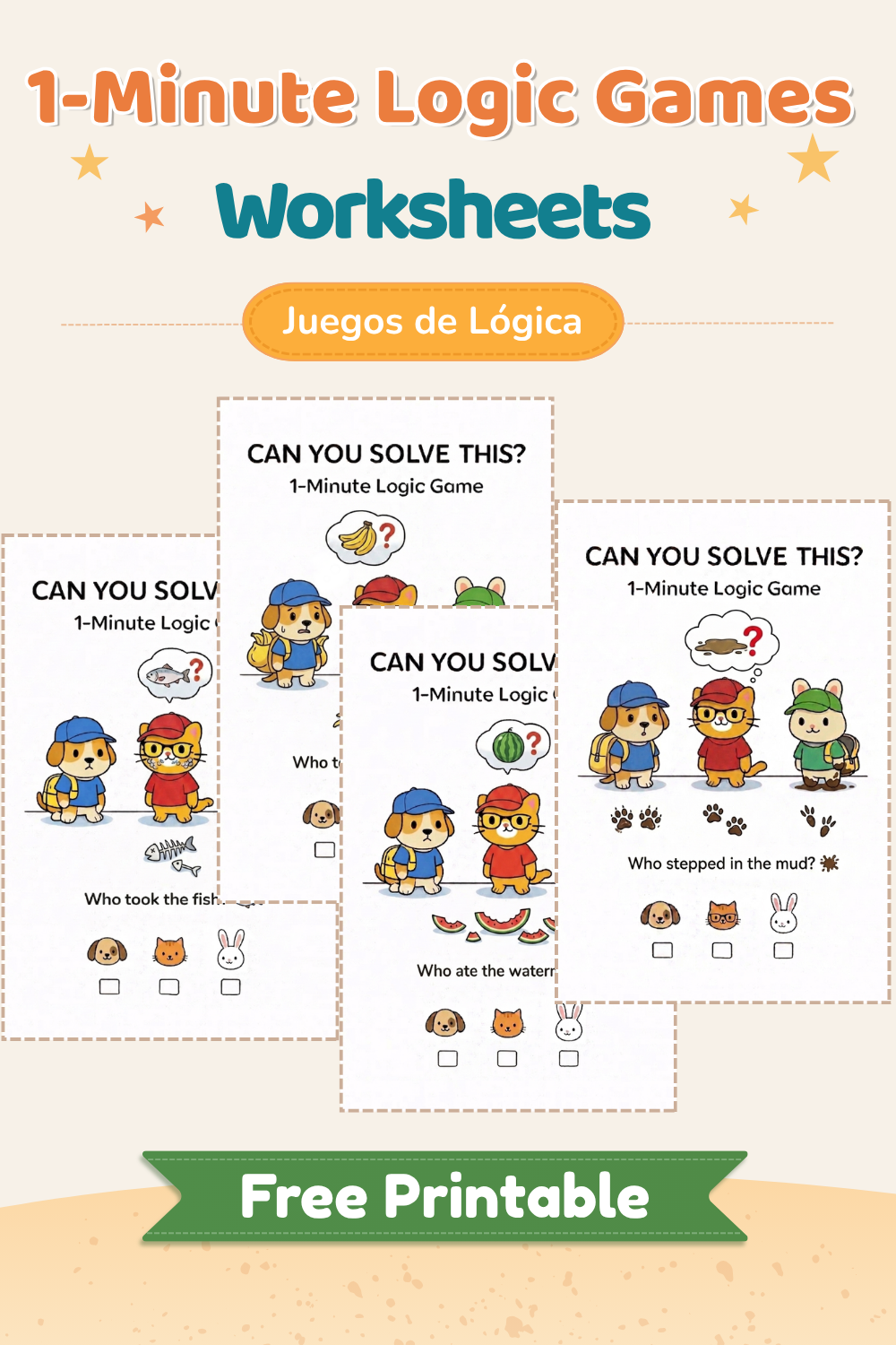 Portada promocional color naranja del set "1-Minute Logic Games Worksheets" con muestras de las fichas de los personajes de animales.