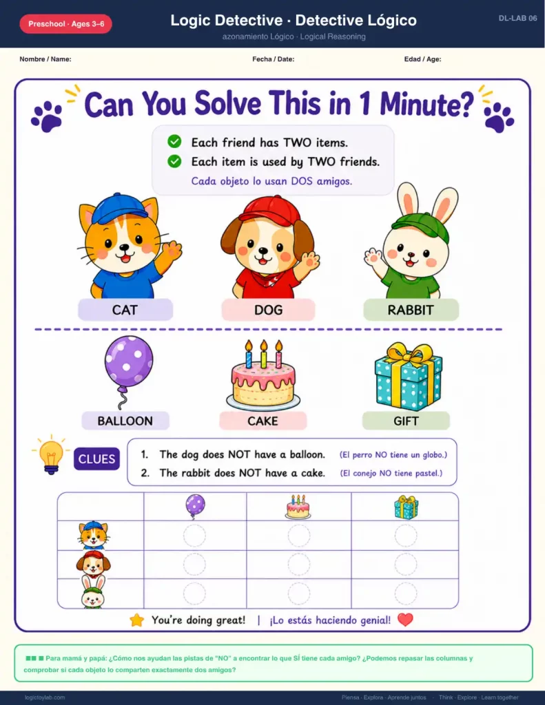 Ficha de actividad de "Logic Detective" (DL-LAB 06) para preescolares de 3 a 6 años. Un rompecabezas de lógica con un gato, un perro y un conejo bilingües, y artículos de fiesta (globo, pastel, regalo). Incluye reglas, pistas y una cuadrícula de solución.