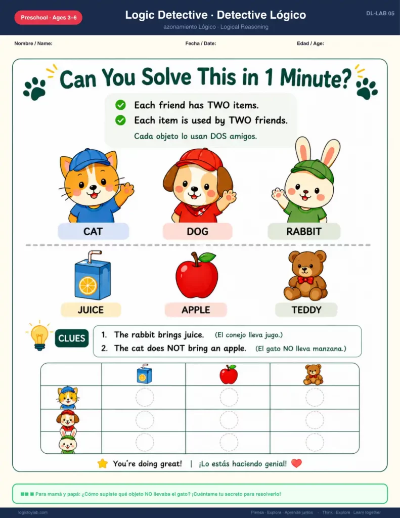 Ficha de actividad "Logic Detective" (DL-LAB 05) para preescolares. Un juego de lógica bilingüe con un gato, un perro y un conejo bilingües. El rompecabezas involucra jugo, una manzana y un oso de peluche, con reglas de lógica y una cuadrícula para resolver.