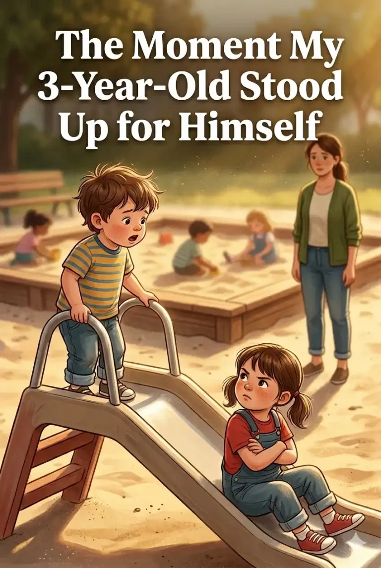 Ilustración en estilo de libro infantil que muestra a un niño pequeño y nervioso en la cima de un tobogán de arena, mientras otra niña con coletas está sentada en la parte inferior, impidiéndole el paso. Al fondo, la madre de la niña está parada, observando la escena con preocupación, sin intervenir. En el fondo se ve un arenero con otros niños jugando. La imagen ilustra un momento de aprendizaje sobre cómo defenderse en el parque.