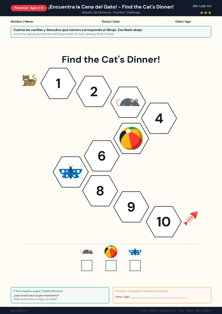 Laberinto del 1 al 10 donde un gato busca su comida siguiendo la secuencia numérica.