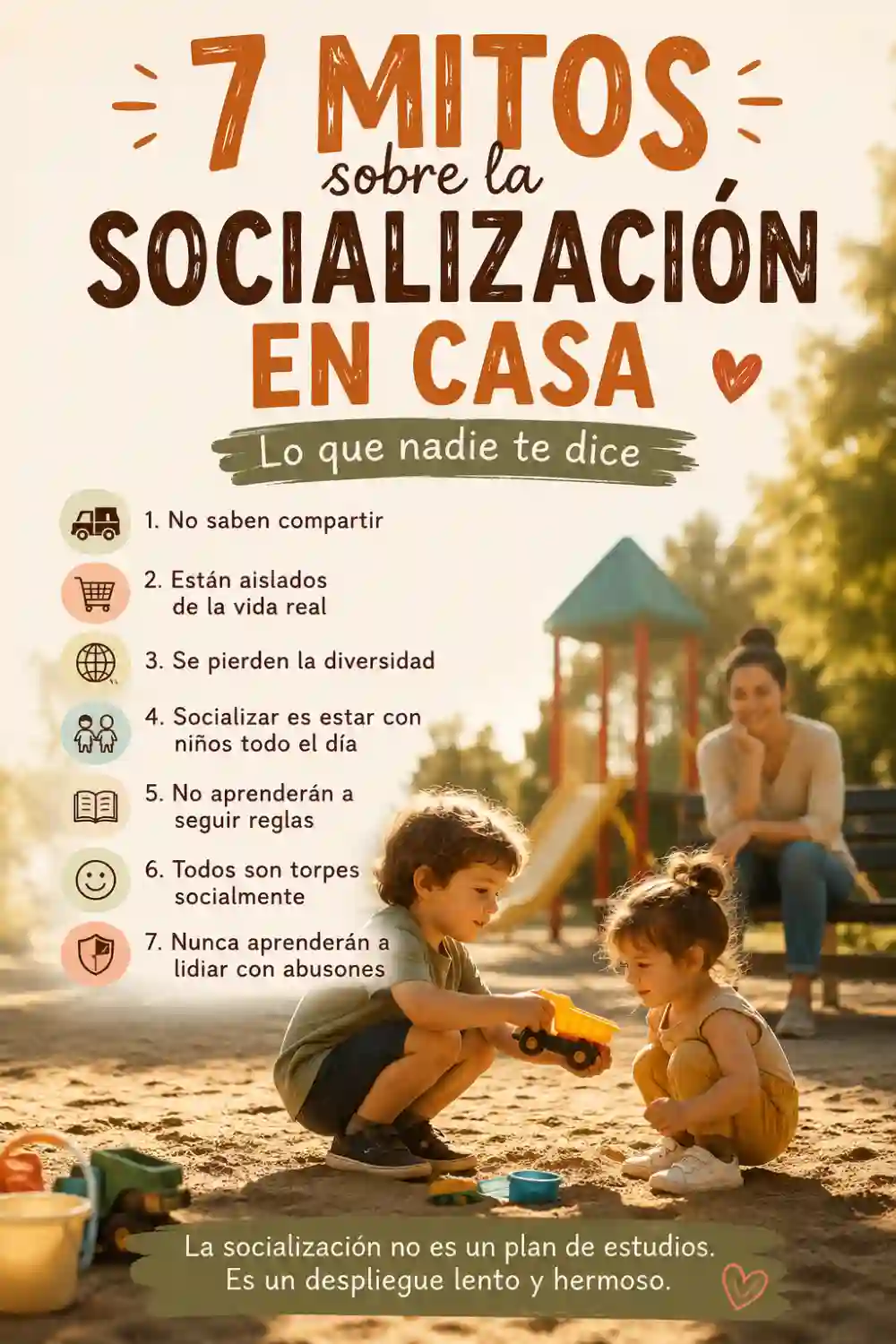 How Successful Homeschoolers Actually Socialize: Debunking 7 Common Myths 1 Two young children sharing toys and playing together at a playground while a parent watches nearby, illustrating common myths about homeschool socialization and children's social development.
