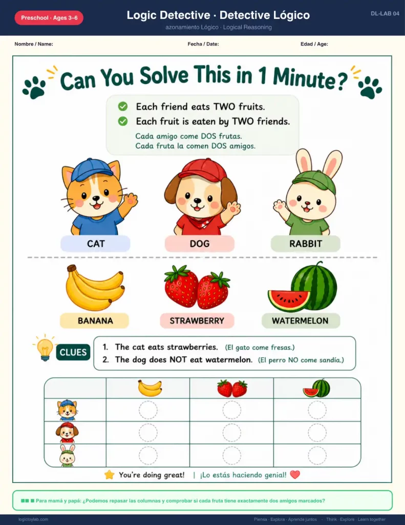 Una ficha de actividad de lógica para preescolares de "Logic Detective" (DL-LAB 04). Presenta a un gato, un perro y un conejo, junto con plátanos, fresas y una sandía. Incluye reglas de lógica (en inglés y español), pistas ("El gato come fresas") y una cuadrícula de solución.