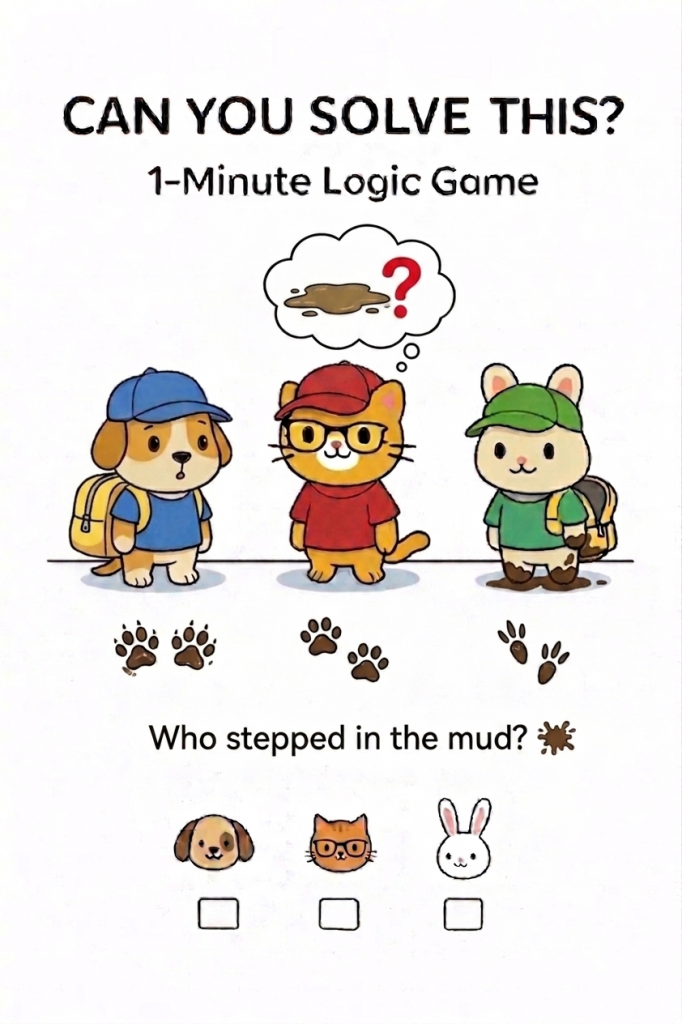 Ficha de lógica visual para niños donde un perro, un gato y un conejo muestran sus huellas para adivinar quién pisó el lodo.
