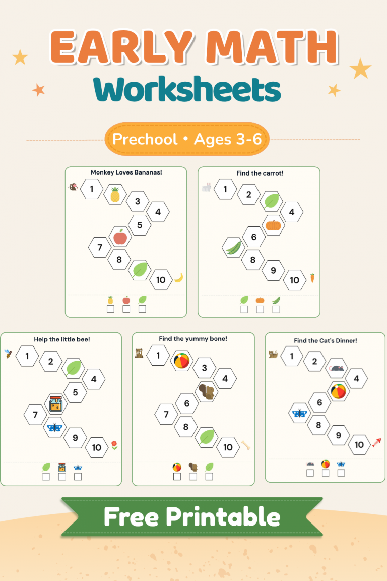 Juegos de Secuencia Numérica 1–10 con Laberintos Hexagonales para Preescolar (Imprimible Gratis) 1 Portada de hojas de matemáticas para niños con laberintos numéricos del 1 al 10 para preescolar.