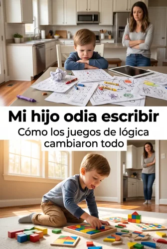 Niño pequeño frustrado con hojas de trabajo escolares y luego concentrado resolviendo juegos de lógica con bloques de madera.