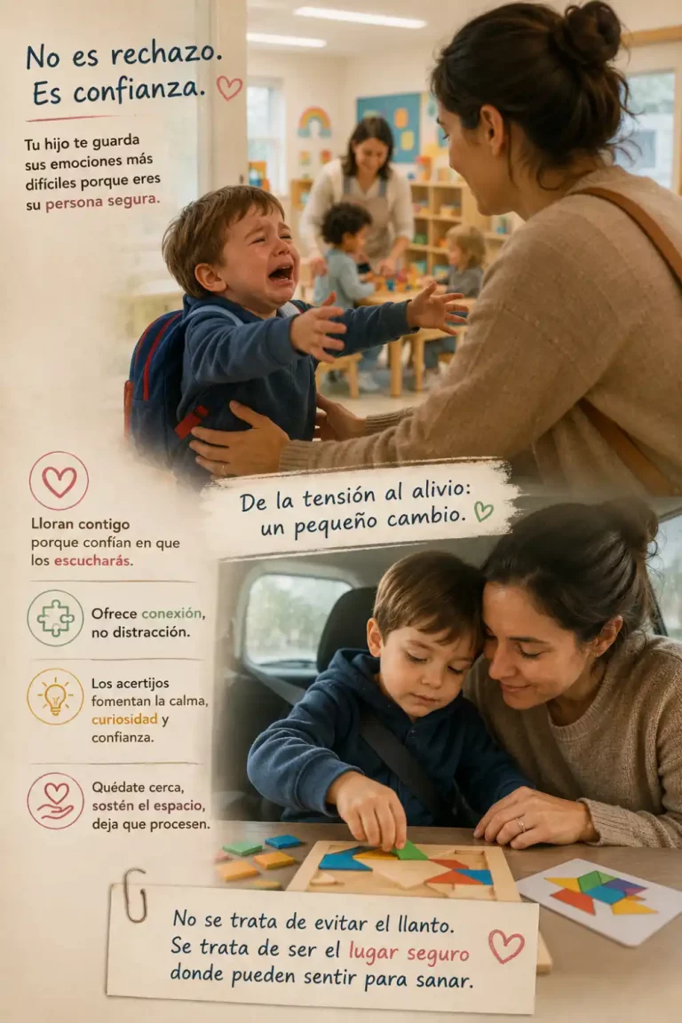 Niño llorando al ver a su madre en la guardería mientras ella lo abraza con calma, representando el apego seguro y la liberación emocional después de un día de separación.