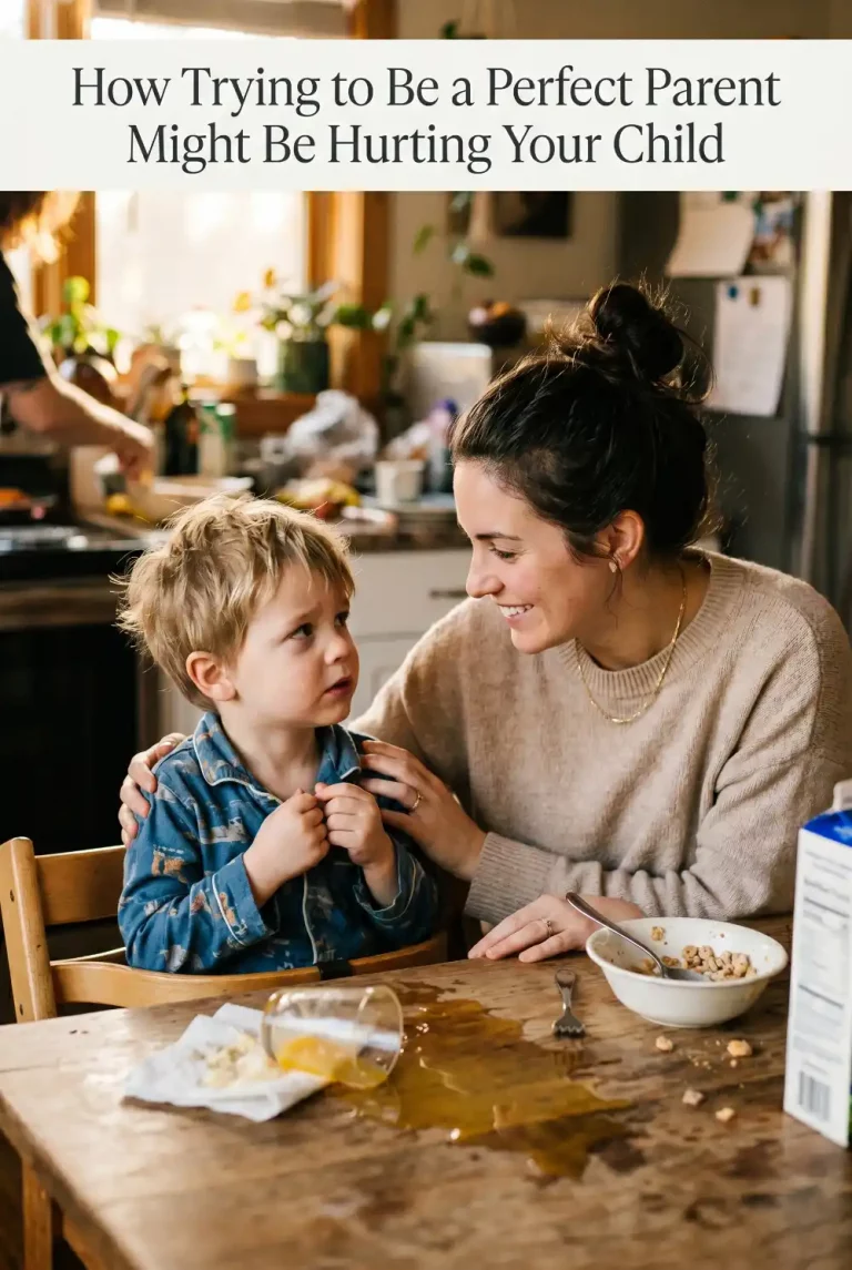 Madre sonriendo con calma a su hijo pequeño después de derramar un vaso de zumo en la mesa de la cocina, mostrando una crianza basada en la aceptación y no en la perfección.