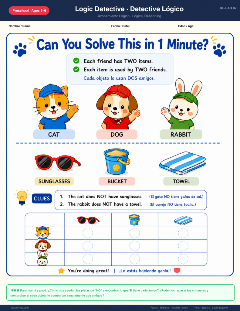 Who Has What? Mixed Clue Logic Games for Preschool (Free Printable) 4 Juego de lógica para preescolar donde los niños usan pistas para descubrir quién tiene las gafas de sol, el cubo y la toalla.
