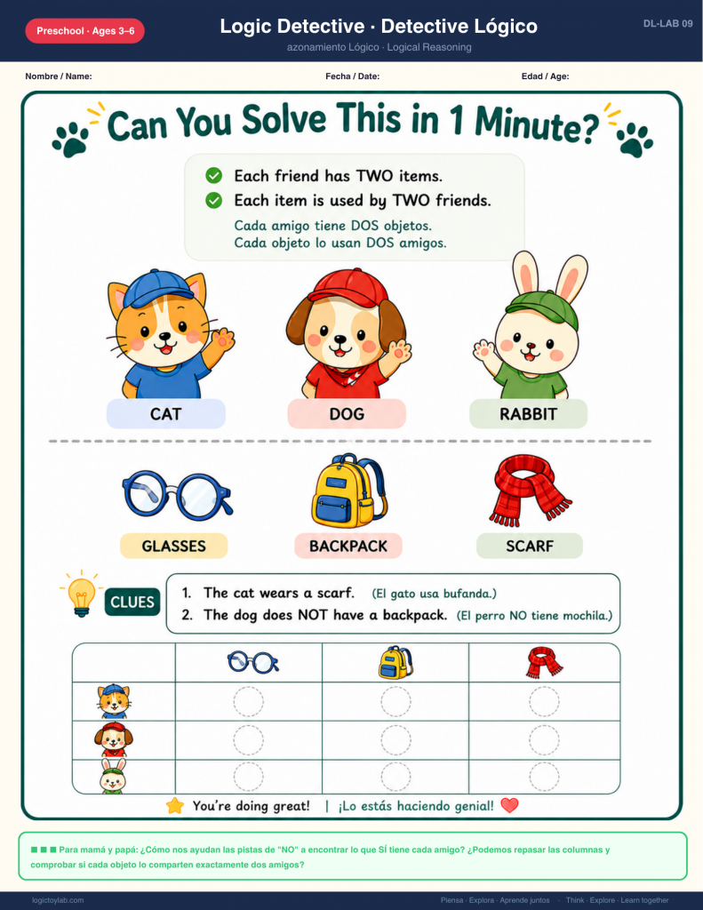 Who Has What? Mixed Clue Logic Games for Preschool (Free Printable) 6 Juego de lógica infantil con gafas, mochila y bufanda. Actividad imprimible para desarrollar deducción y razonamiento.