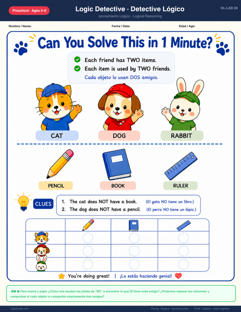 Who Has What? Mixed Clue Logic Games for Preschool (Free Printable) 5 Actividad imprimible de lógica para preescolar con lápiz, libro y regla. Los niños resuelven qué objetos tiene cada personaje usando pistas.