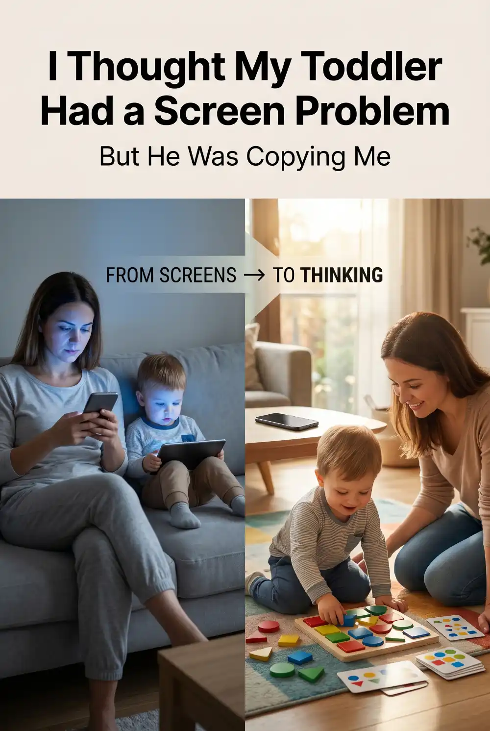 Toddler focused on a logic puzzle while his mother sets aside her smartphone, illustrating how children often imitate parental screen habits and benefit from engaging screen-free activities.